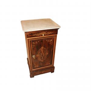French bedside table, Charles X style, with marble and inlays, 19th century
